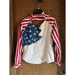 Vintage Open Range Womens American Flag Print‎ Cutout Back Collared Shirt Top M